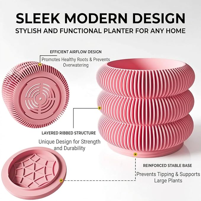 Fabix 4.7" 3D Printed Plant Pots - Unique Bubble Ring Modern Planters for Indoor Plants, Durableo-Friendly PLA Flower Pots with Drainage for Succulents, Cactus, Home Office Décor.(Cherry Pink)