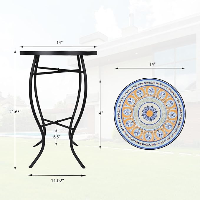 VCUTEKA Mosaic Side Table, 21" Round End Table with 14" Ceramic Tile Top, Patio Accent Table Indoor and Outdoor End Table for Yard, Garden, Living Room, Bistro Balcony or Lawn