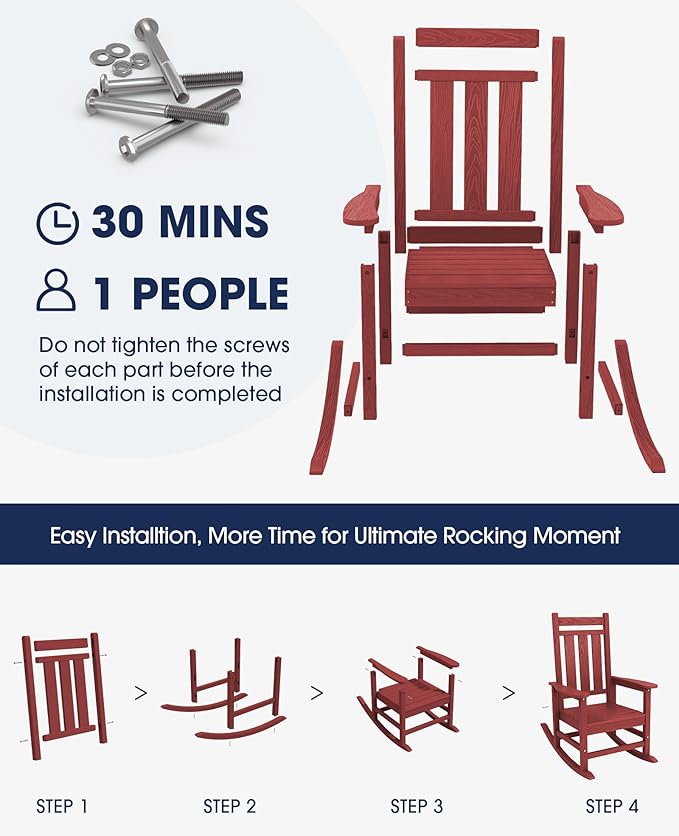 KINGYES Outdoor Rocking Chair Set of 2, All-Weather Patio Rocking Chairs for Porch, HDPE Rocking Outdoor Chairs with High Back for Adult, Heavy Duty Outdoor Patio Rockers for Garden, Lawn, Red