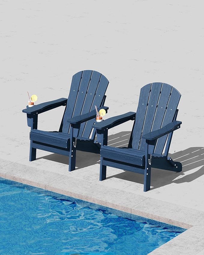 Folding Adirondack Chair Set of 2, All-Weather HDPE Outdoor Chair, Wooden Textured with Cup Holder for patios, Decks, Gardens, fire pits, Navy Blue