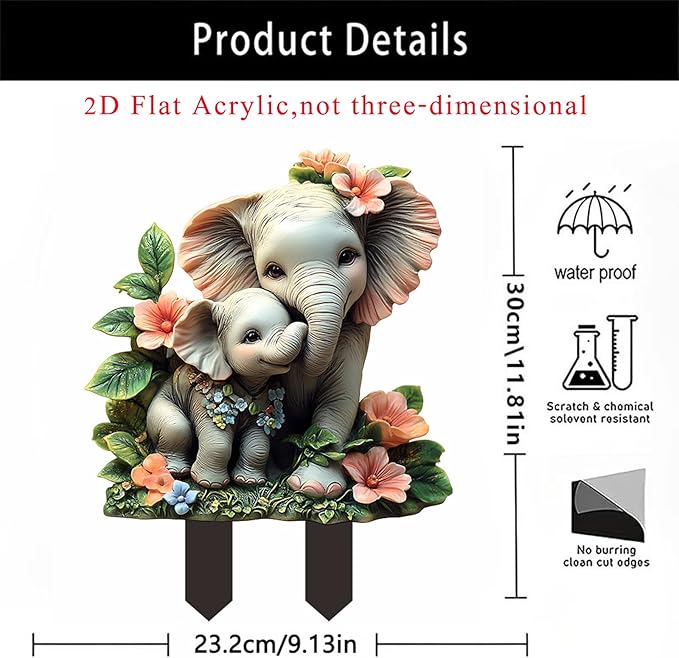 Garden Stake Decor, Acrylic 2D Flat Animal Statue, Fairy Sculptures Ornament Indoor Outdoor Yard Lawn Pot Plant Decorative Accessories (Small Elephant)