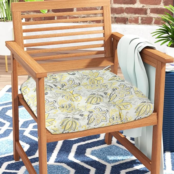 FUNHOME Outdoor Chair Cushions 19 x19 Inch,Water Resistant Tufted Seat Cushions 19",Reversible,Weather Resistant,Rounded Back Wicker Chair Cushion for Patio Garden Furniture(Yellow Flower)