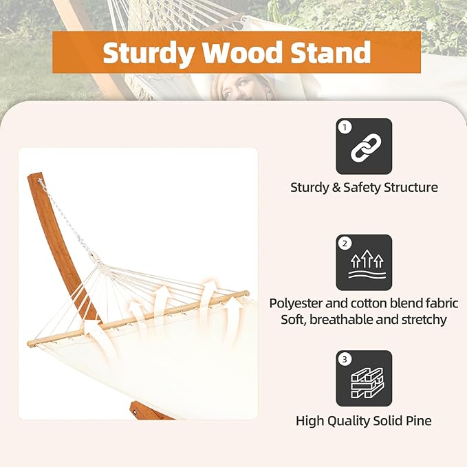 ECOTOUGE 14 FT Hammock with Stand for Outside, 2 Person Heavy Duty Wooden Hammock Stand, Large Hammock Bed for Porch, Patio, Balcony, Garden, Backyard, White-Yellow