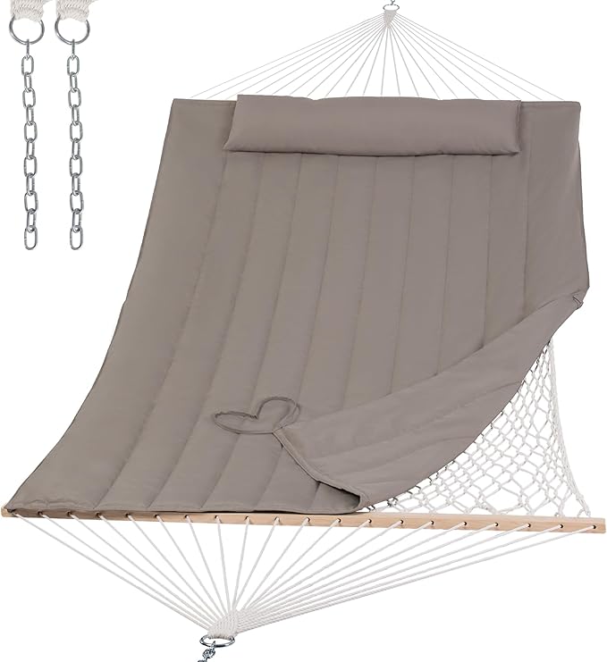 SUNCREAT Hammocks 2 Person Hammock with Hardwood Spreader Bar, Double Rope Hammock with Polyester Pad, Brown