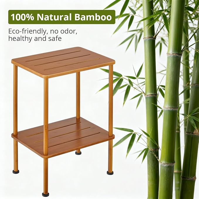 Bamboo Adirondack Square Outdoor Side Table, Bamboo 2-Tier Storage Patio Side Table, 16" Outdoor End Tables, Weather Resistant End Table for Backyard Pool Porch Patio Garden Lawn Beach - Brown