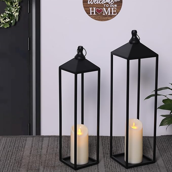 22'' 19'' Large Lanterns Decorative Outdoor Indoor, Set of 2 Black Metal Candle Lanterns Modern Farmhouse Floor Lanterns Decorative for Home Decor, Mantle, Fireplace, Patio, Porch, Garden