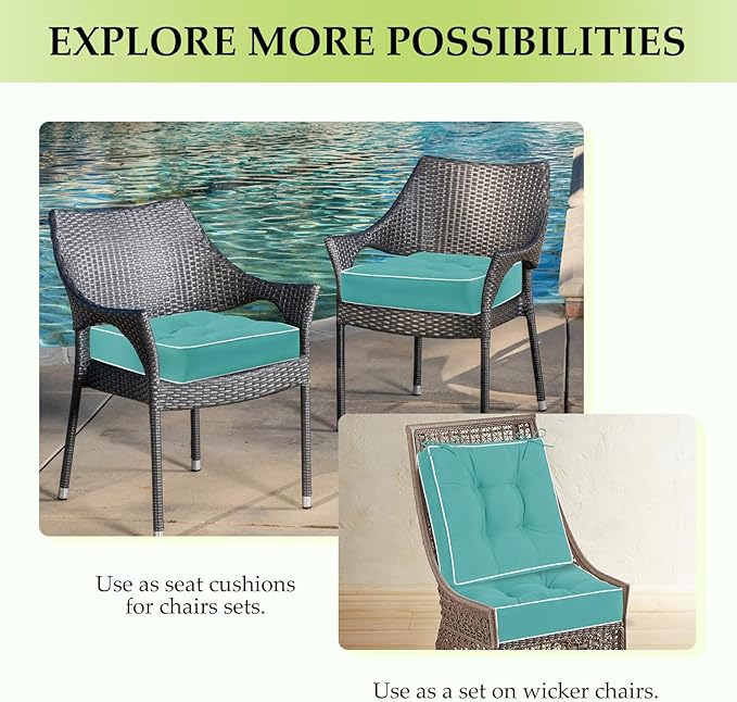 HARBOREST Outdoor Chair Cushions Set of 2, Tufted Patio Chair Cushions with Ties, Square Corner Outdoor Cushions for Patio Furniture, Lawn Chairs, Wicker Chairs, 17" x 17" x 5", Teal