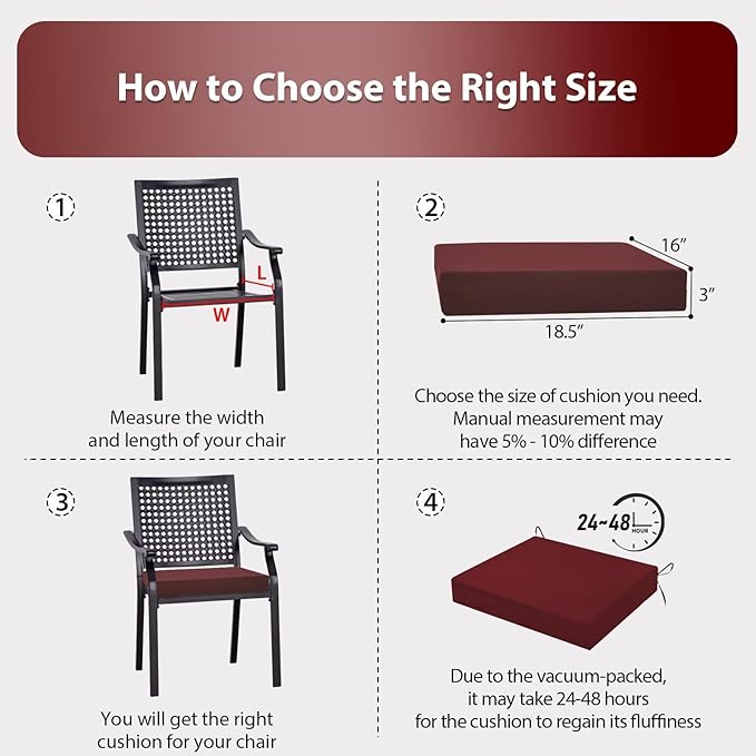 Outdoor Chair Cushions Set of 6, 18.5 x 16 Inch Patio Chair Cushions for Outdoor Furniture, Water Resistant Cushions with Non-Slip Ties(Dark Red)