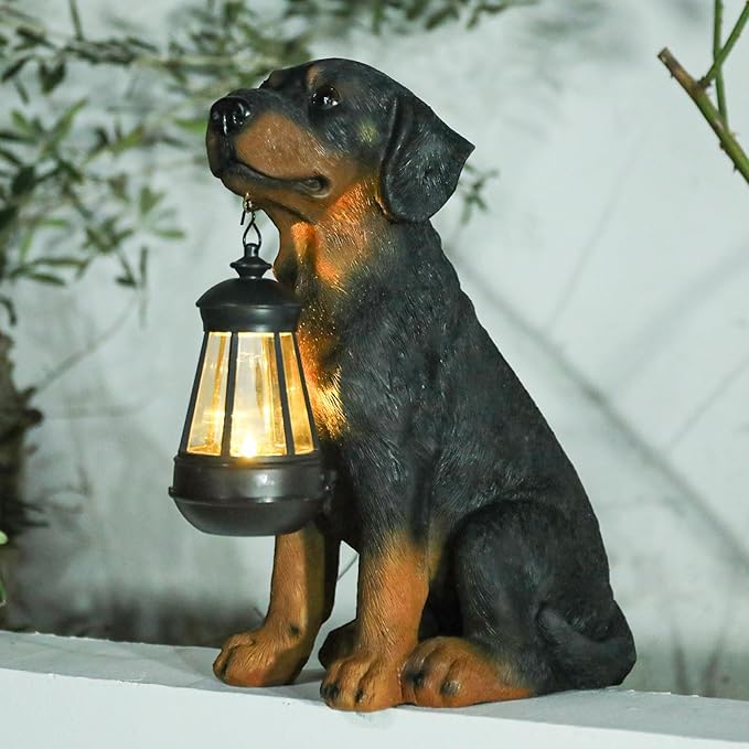 Garden Dog Statues Outdoor Decor, 13" Solar Powered LED Lights Outdoor Statue Garden Decorations Rottweiler Figurine for Patio, Lawn, Yard Decor, Valentines Day Gifts, Housewarming Garden Gift