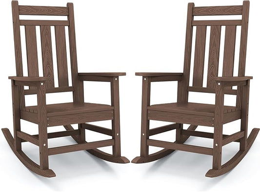 KINGYES Outdoor Rocking Chair Set of 2, All-Weather Patio Rocking Chairs for Porch, HDPE Rocking Outdoor Chairs with High Back for Adult, Heavy Duty Outdoor Patio Rockers for Garden, Lawn, Brown