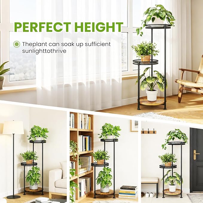 Plant Stand Indoor Outdoor,3 Tier Metal Wood Plant Stand for Multiple Plants,Black Tall Narrow Plants Display Organizer for Corner Living Room Porch Patio Garden Office