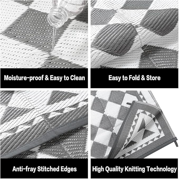 HUGEAR Outdoor Waterproof Rug 6'x9' Plastic Straw Rugs Washable Reversible Floor Mat Grey Plaid Carpet for Camping RV Deck Entryance Porch Picnic Balcony Beach Backyard