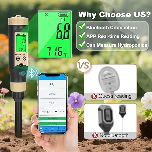 Soil pH Meter for Food, Bluetooth Water pH Tester for Soil & Hydroponic, Digital pH Temp Meter for Blueberry Jam with ATC for Canning, Dough, Garden Lawn, Indoor Outdoor Plants, Raised Garden Beds