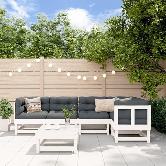 Garden Lounge Set White Solid Pine Wood, Oxford Fabric Large Outdoor Seating Set Garden Seating Ensemble for Backyard Pond
