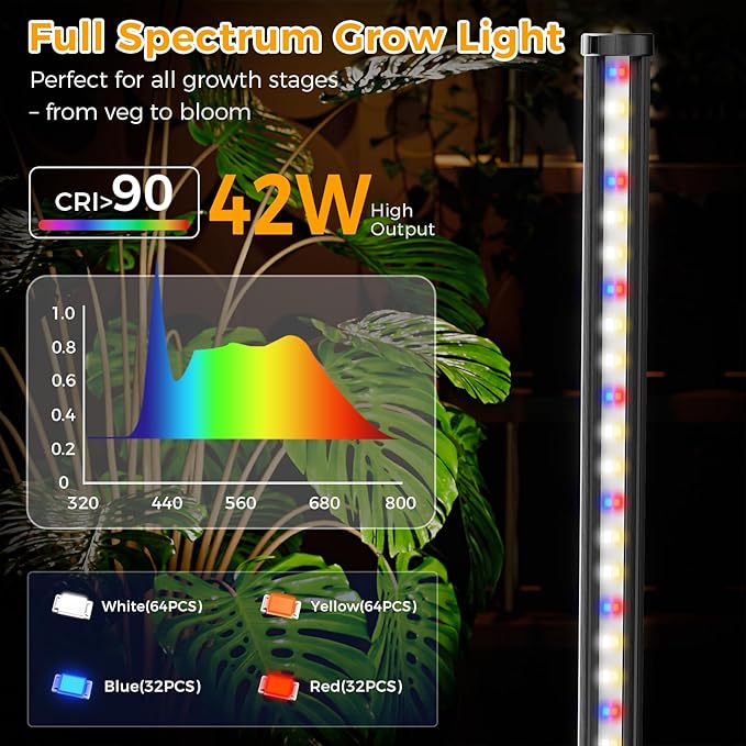 Standing Grow Light with Timer, 192 LEDs, 65 Inch Full Spectrum Vertical Plant Lamp Bar for Indoor, 3 Light Modes, 10 Level Dimmable Floor Grow Light, Mimic Sunlight to Tall Plants & Flowering