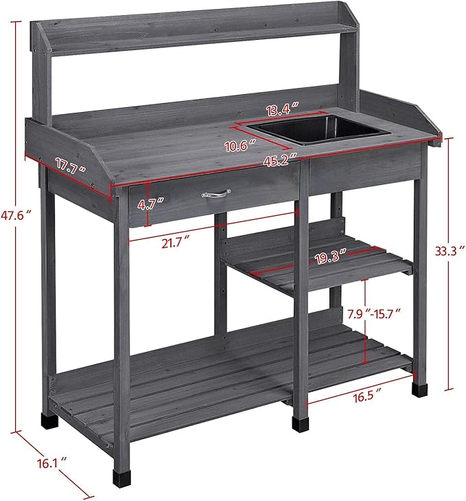 Topeakmart 45.2x17.7x47.6'' (LxWxH) Potting Benches Outdoor Garden Potting Table Work Bench with Removable Sink Drawer Rack Shelves Work Station, Gray
