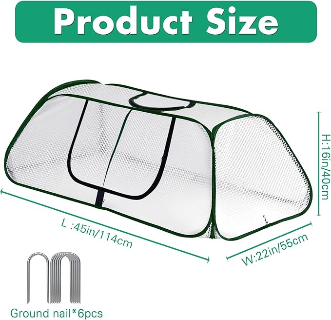Garden Rows Accelerator Plants Cover-Garden Greenhouse with Roll-up Zipper Door,Thicker PE Cover for Indoor Outdoor Vegetable Fruits Rows - 45" L x 22" W x 16" H (White, 1 Pack)