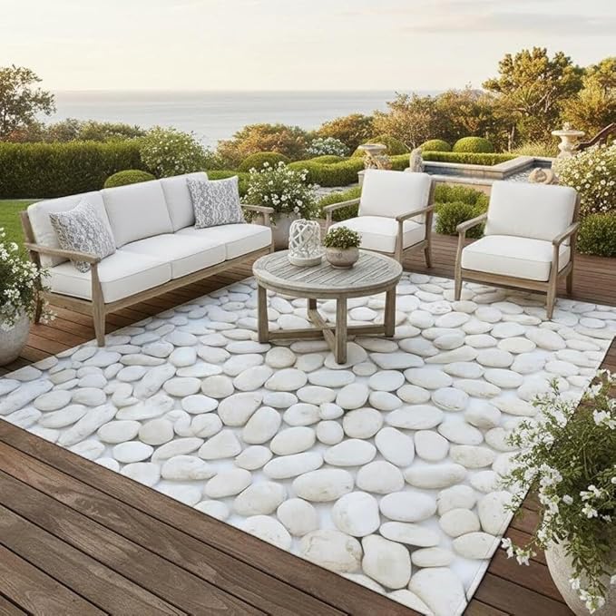Cream White Cobble Stones Outdoor Rug for Patio Deck Balcony Backyard Porch Garden Pool Camping Non Slip Waterproof Thin Carpet Comfort Easy Clean Washable Reversible Art Deco Low Pile Mats 9x12