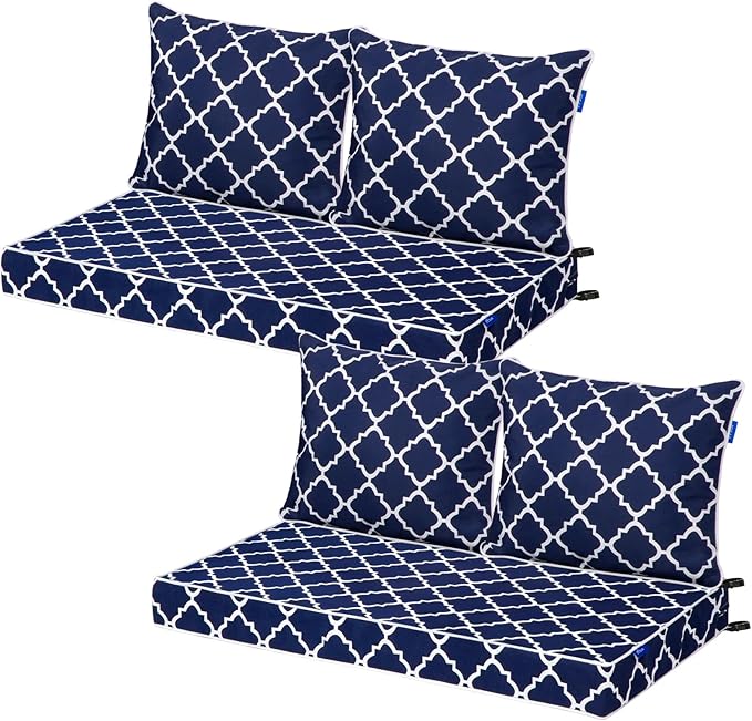 Outdoor Loveseat Cushion Set 44''x24'', Outdoor Cushions for Patio Furniture with Fastness Cover, Water Repellent Outdoor Seat Cushion and Couch Back Cushions for Bench, Swing (Blue Plaid, 2 Sets)