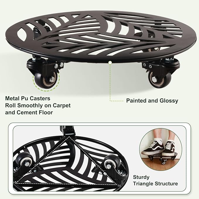 2 Packs Metal Plant Caddy with Wheels 13” Heavy-duty Wrought Iron Rolling Plant Stands with Casters Indoor and Outdoor Plant Pot Roller Base Plant Saucer Movers Black, Strong Load Capacity