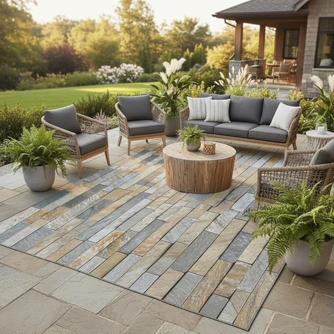 Modern Abstract Beige Brown Grey Stone Brick Texture Outdoor Waterproof Area Rug for Patio Porch Garden Camping Rustic Farmhouse Outside Rugs Washable Carpet 2x3 Balcony Front Yard Deck No Slip Mat