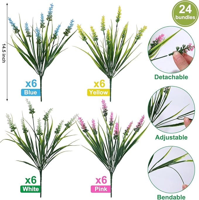 Geegoods Artificial Plants Flowers Outdoor – 24 Bundles UV Resistant Faux Lavender Flowers with Monkey Grass for Garden Porch Window Patio Hanging Planter Decor