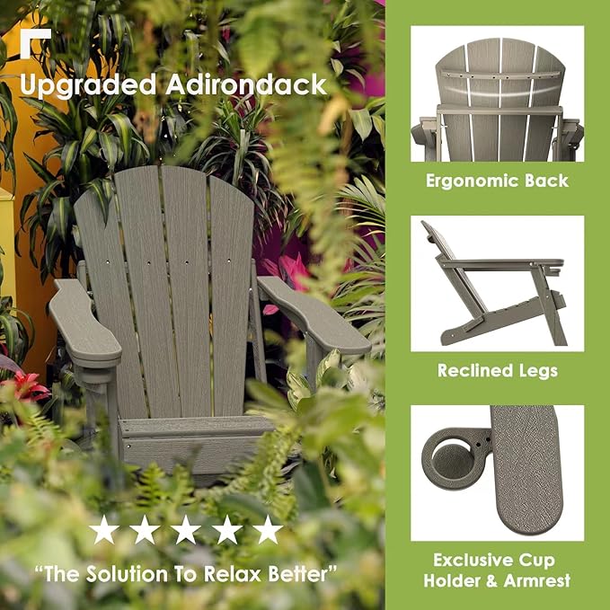 GREENVINES Folding-Adirondack-Chair-Set-of-2 | Wood Grain | HDPE Plastic | Fire Pit Chairs | All Weather | Cup Holder | Desert Brown | for Deck Backyard Patio Outdoor