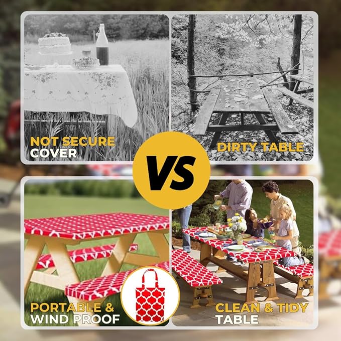 RNOONY Fitted Vinyl Picnic Table Cover with Bench Covers and Bag, 6ft Outdoor Waterproof Windproof Picnic Tablecloth with Elastic Edges. Camping RV Gear Must Have 72x30 Inches 3 Pcs Set (Red Moroccan)