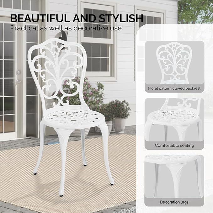 Outvita Patio Table and Chairs Set, Cast Aluminum Outdoor Cafe Table and Chairs Set of 3, Stability Patio Bistro Sets with Umbrella Hole for Garden, Patio, Balcony, Butterfly Pattern White