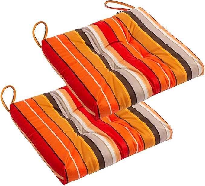 2-Pack Outdoor/Indoor Wicker Patio Seat Cushion Pad with Ties - Dining Chair Cushion, 17" x 17" (Orange and Red Stripes)