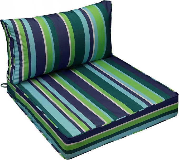 AAAAAcessories Outdoor Seat Cushions for Chairs, Fade-Resistant, Waterproof Patio Furniture Replacement Cushions, 24" x 24" x 5" + 24" x 13.5", Stormy Teal Coastal Stripe