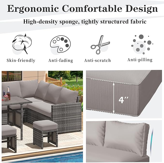 U-MAX Outdoor Cushions, 4 inch Memory Foam Patio Replacement for Outdoor Furniture, Fits 7-Seats Sectional Rattan Conversation Set, Splashproof Covers (Light Grey)