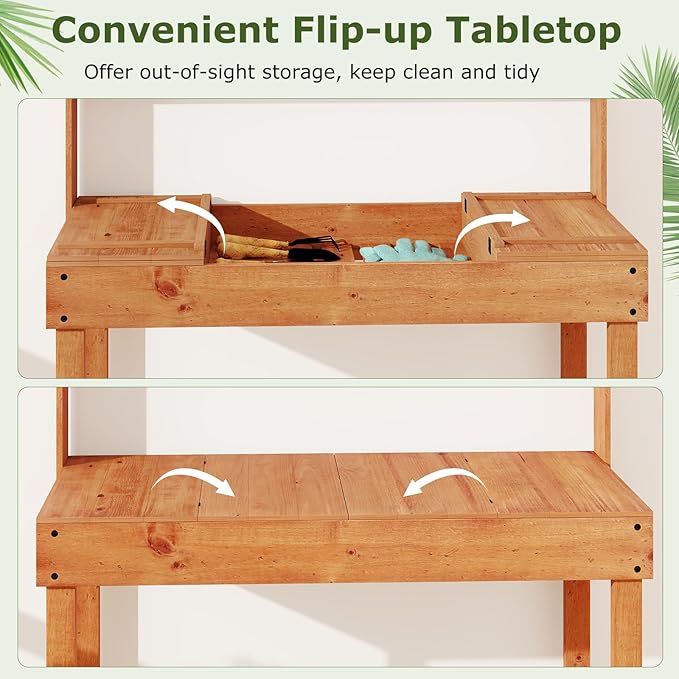Giantex Potting Bench Table, Outside Solid Wood Gardening Table with Flip-up Tabletop, Storage Shelves, Indoor Outdoor Wooden Workstation for Patio Porch Balcony, Potted Plant Display Rack (Brown)