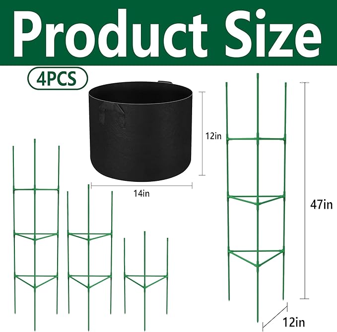 4 Packs 47 x 12 Inch Garden Tomato Cages with Grow Bags- Triangle Plant Support Trellis Assembled with Planter Bags- Garden Cucumber Vegetables Frames for Vertical Climbing Plants