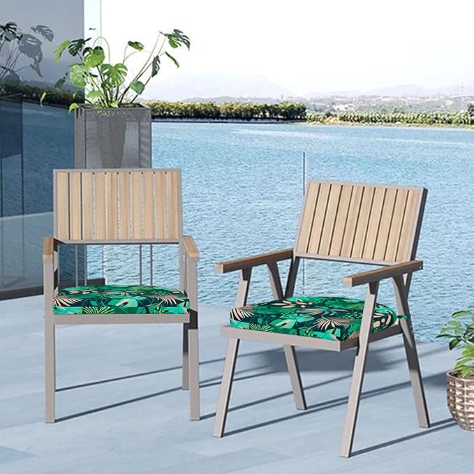 Cozyide Outdoor Chair Cushions, Waterproof Patio Seat Cushions with Adjustable Straps, Round Corner Patio Chair Cushions for Garden, Green Leaf, 17x16x2 Inch (Pack of 4)