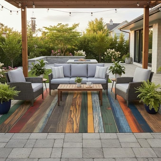 Retro Old Wooden Board Farmhouse Style Outdoor Area Rug for Backyard Balcony Patio Deck Washable Non Slip Outside Carpet Multicolor Wood Grain Waterproof Durable Indoor Outdoor Floor Mats 6x8
