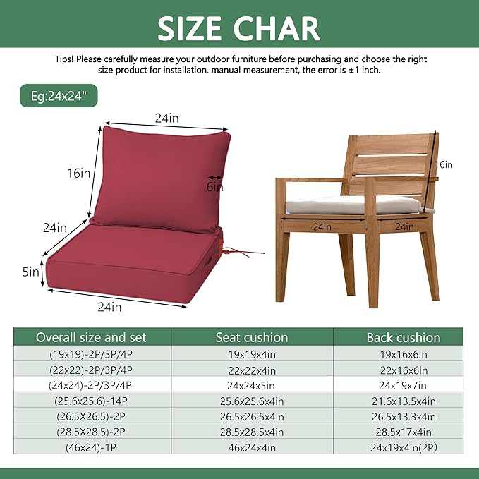 Outdoor Chair Cushions 4 Set,24 x 24 x 5IN, Patio Deep Seat Cushion for Patio Furniture, Waterproof & Fade Resistant Thick Deep Seating Pads for Outside Wicker Ratten Chair Sofa Couch,Burgundy