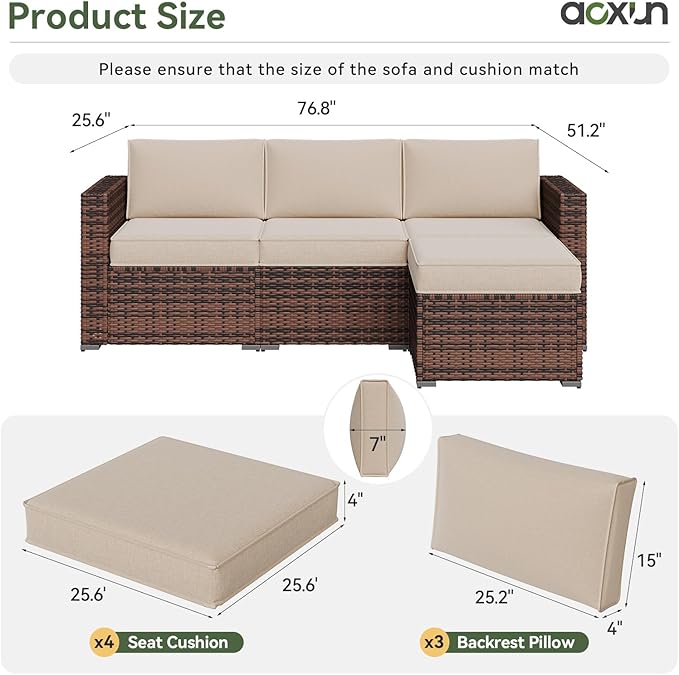 Aoxun Replacement Cushions for Outdoor Furniture, 7-Piece Outdoor Cushions for Patio Furniture, Deep Seat, Waterproof & Fade Resistant Couch Cushion for Patio Conversation Sets, Beige
