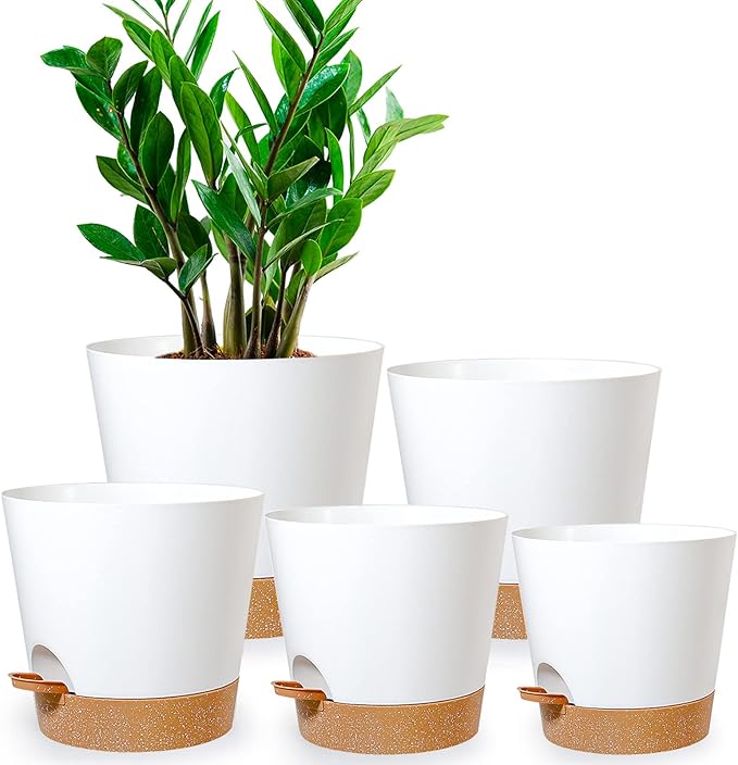 WOUSIWER Plant Pots, 7/6.5/6/5.5/5 Self Watering Plastic Planters with Deep Reservior and High Drainage Holes for Indoor Outdoor Flowers Plants, White with Terracotta