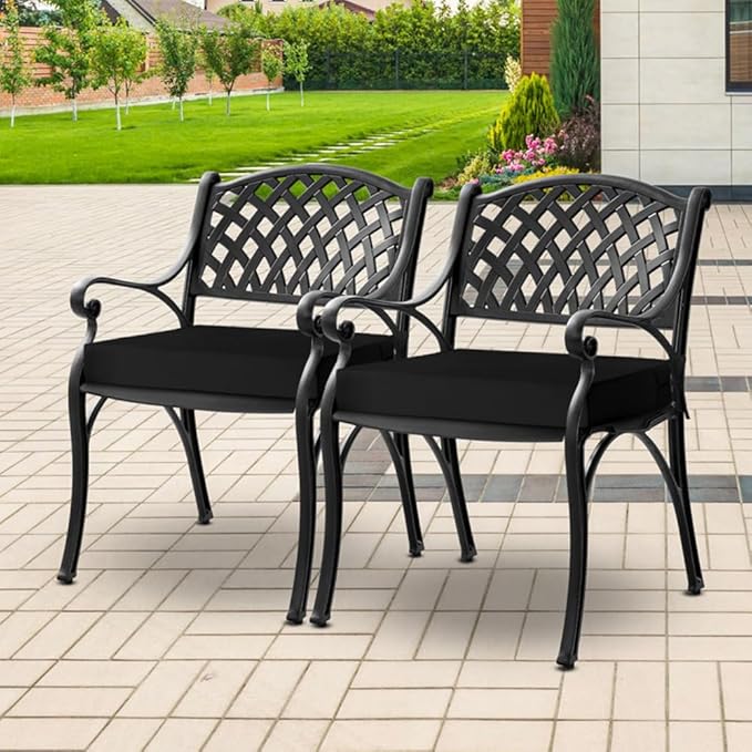 downluxe Waterproof Outdoor Chair Cushions for Patio Furniture, 24" x 24" x 4" Patio Chair Cushion with Adjustable Ties & Portable Handle, Square Outdoor Cushion with Removable Cover, Black, 2 Pack