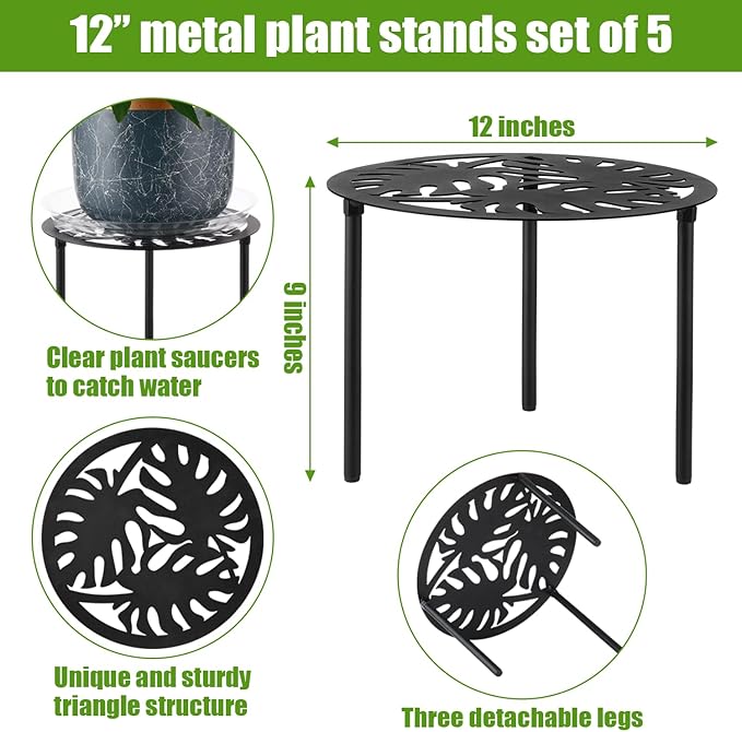 5-Pack 12” Heavy-duty Metal Plant Stands Large Flower Pot Holder for Indoor Outdoor Rust-proof Iron Potted Planter Stand Modern Round Corner Stand Shelf for Living Room Patio Garden Yard Black