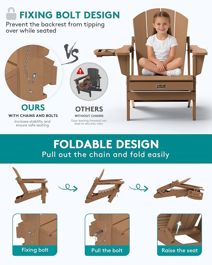 SERWALL Folding Adirondack Chair Set of 2, Outdoor Chairs with 4 in 1 Cup Holder, Wood Texture Adirondack Chairs, Weather Resistant Fire Pit Chairs for Patio Deck Garden, Backyard - Brown