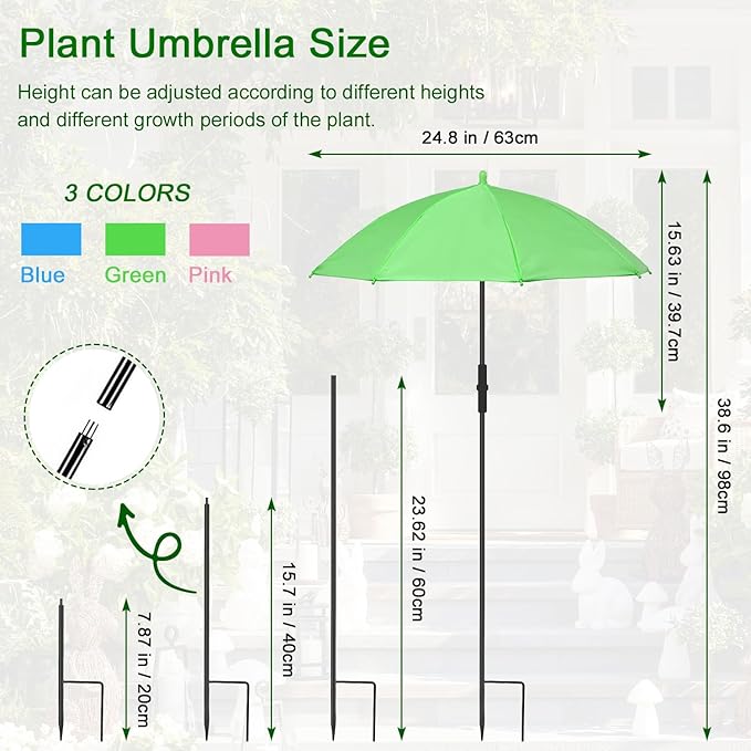 Plant Umbrella Shade for Potted Plants, 3Pcs Flower Umbrella for Plants, Garden Shade Cover, Portable Sun Shade for Plants - Ideal for Outdoor Potted Plants and Hydrangeas (Pink + Bule + Green)