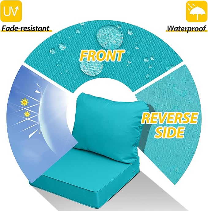 AAAAAcessories Outdoor Deep Seat Cushions, Waterproof, Fade-Resistant Patio Furniture Replacement Cushions, 25.5" x 25.5" x 5" + 25.5" x 19", Set of 4, Turquoise Blue