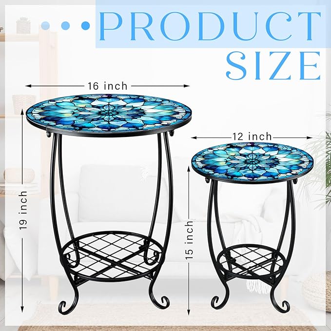 2 Pcs Outdoor Side Table Small Patio Round Mosaic Accent Indoor End Table Plant Metal Coffee Tea Tables for Patio Yard Porch Garden Living Room(12" and 16",Mandala Style)