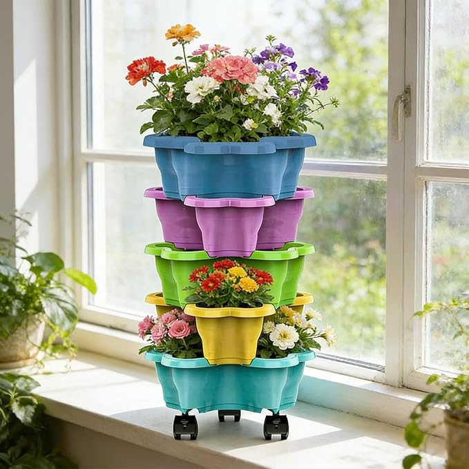 Vertical Planter, Stackable Weatherproof Multi-Tier Stackable Tower Planters, Garden Planters for Strawberry Herb Flower and Vegetable Indoor Outdoor