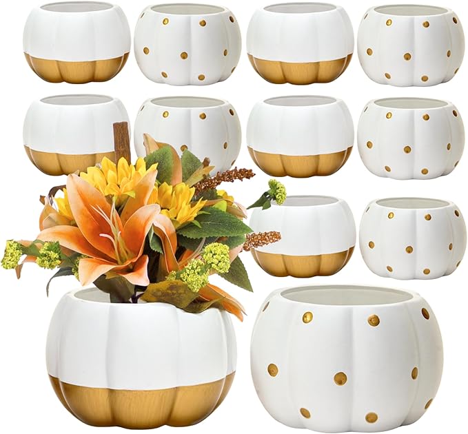 Holiday Designs - 6.5 Inch Pumpkin Planter Pots, Set of 12 Matte Ceramic Pumpkin Pottery for Fall Flowers, Succulents, Halloween & Thanksgiving Decor (White & Gold, 6.5" D)