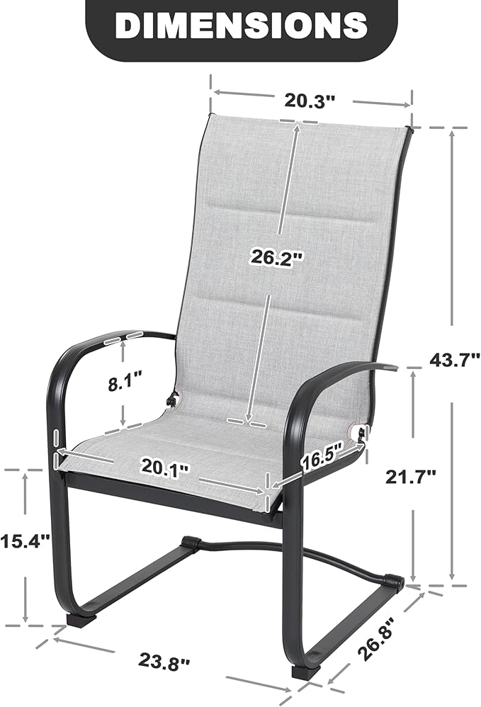NUU GARDEN Patio Chairs Set of 4, All-Weather Padded Textilene Outdoor Dining Chairs with Spring Motion and High Back, Breathable Patio Chairs for Backyard Lawn Deck, Gray
