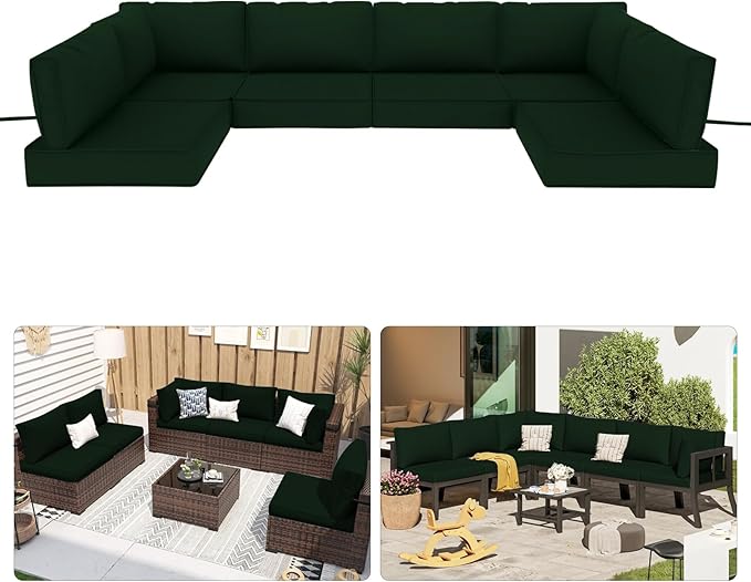 Patio Sectional Cushions, 14-Piece Replacement Cushions for Outdoor Furniture, Water-Resistant Outdoor Sofa Cushion for 6-Seat Rattan Wicker Sectional Conversation Sets (Dark Green)