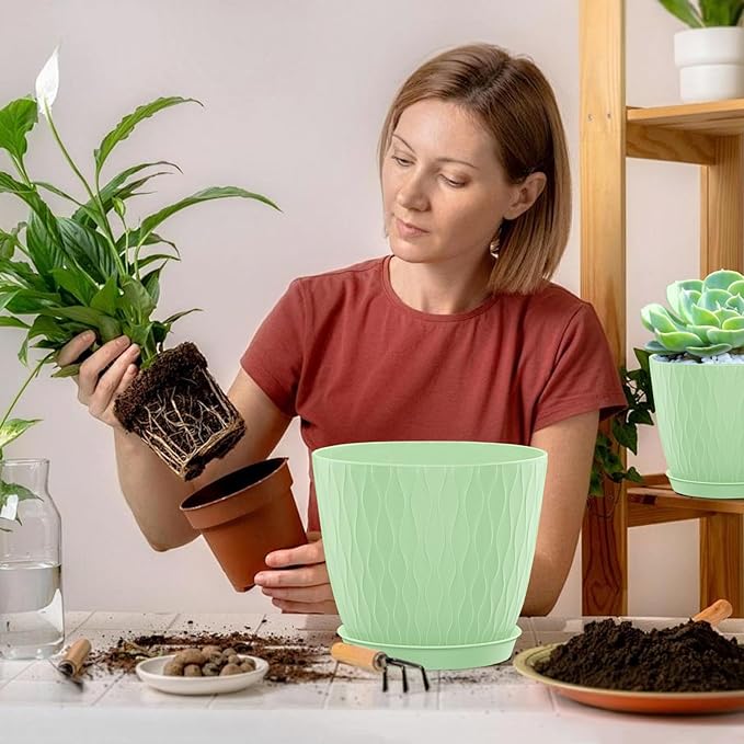 Plastic Flower Pots, 5 Pack 6 inch Indoor Plant Pots Planters for Outdoor Plants Flowers Garden Patio Home Nursery Decor Gifts,Large Succulent Pots with Drainage Tray Saucer & Hole Green